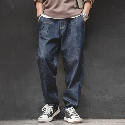 Retro Baggy Men's Jeans – Wide-Leg Tapered Denim with Elastic Waist